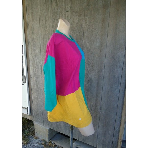 NOS Vtg 80s Shirt Colorblock Pink Turquoise  Oversized One Size 100% Cotton - Picture 5 of 9